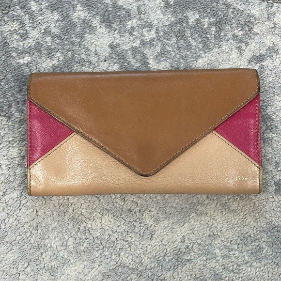 Chloe Leather Tricolor Envelope Flap Long Continental Wallet Snap Tan Pink - Picture 1 of 17